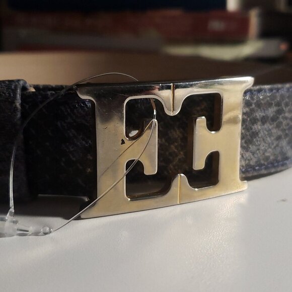ESCADA Blue Reptile Embossed Leather Belt with Double "E" Silver-Tone Logo Buckl - Picture 6 of 11